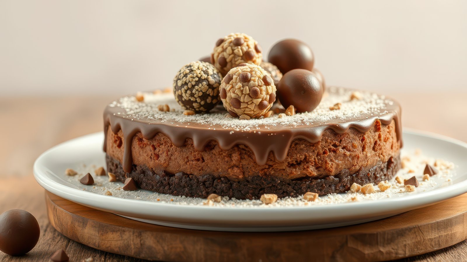 Chocolate cake topped with candy and nuts on a wooden table in a cozy setting